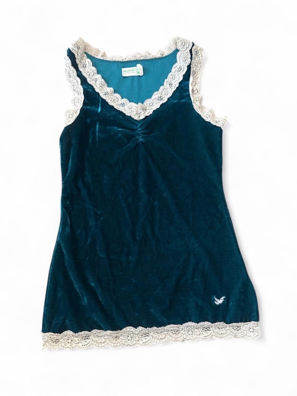 Selena Gomez y2k Teal Velvet Lace-Trim Tank